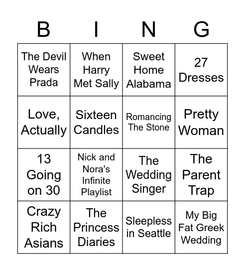 Comedy and Rom-Com Bingo Card