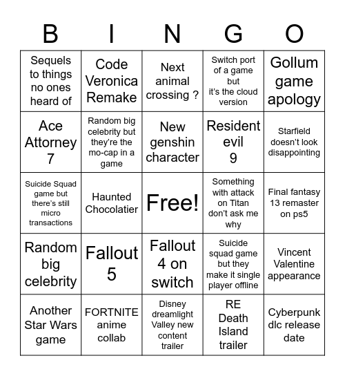 ““E3”” Bingo Card