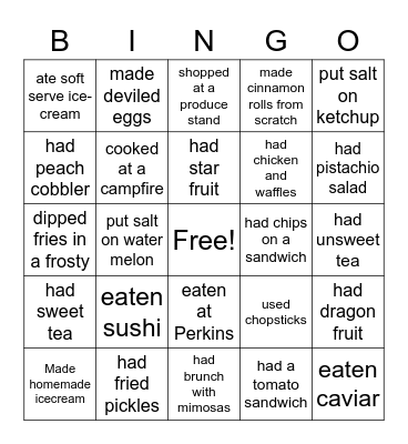 Summer Food Bingo Card