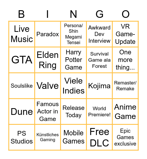 Summer Game Fest 2023 Bingo Card