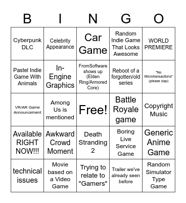 SummerGameFest Day 1 Predictions Bingo Card