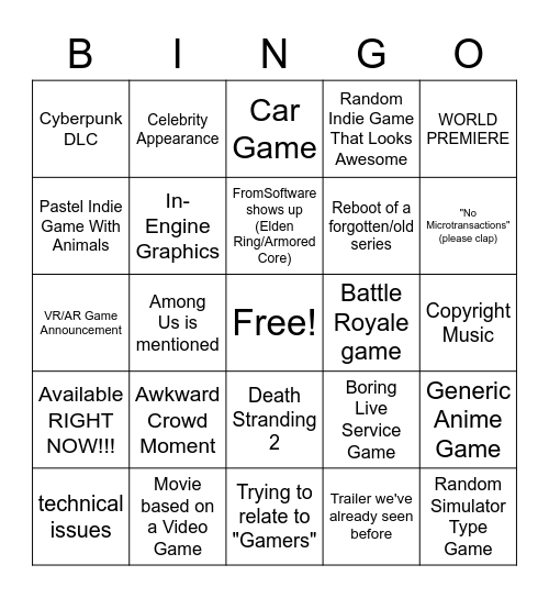 SummerGameFest Day 1 Predictions Bingo Card