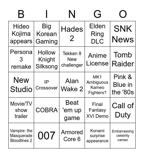 Summer Game Fest 2023 Bingo Card