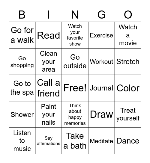 Self Care Bingo Card