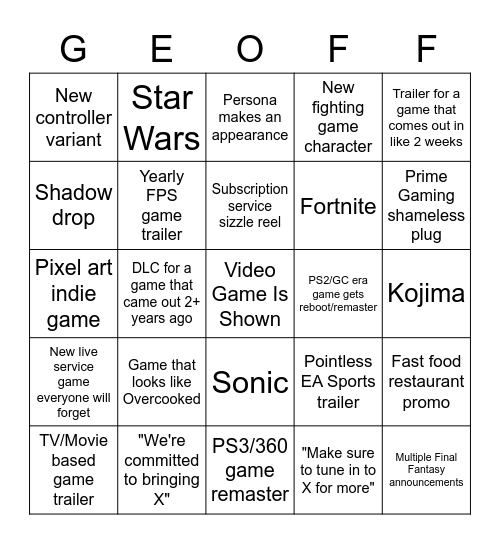 Summer Games Fest 2023 Bingo Card