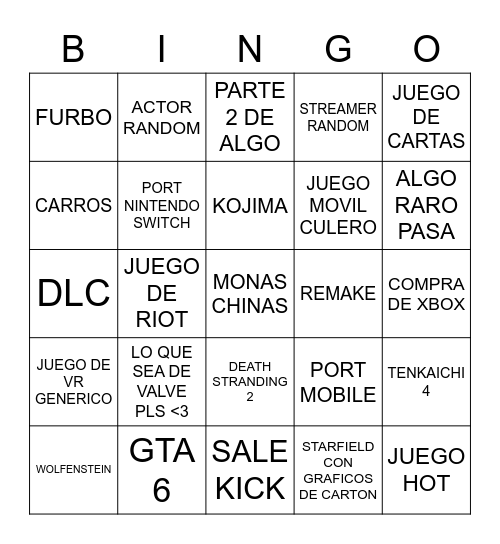 Summer Game Fest 2023 Bingo Card