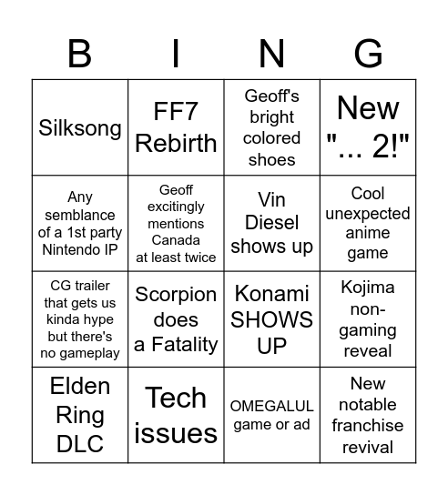 Summer Game Fest Bingo Card