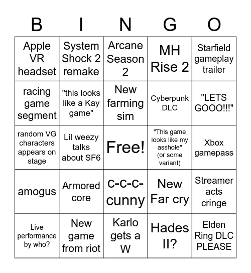 Summah game fest Bingo Card