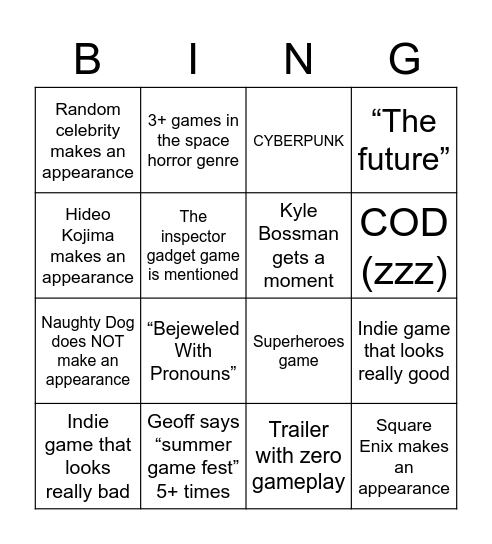 Sumer Games REST (zzzz) Bingo Card