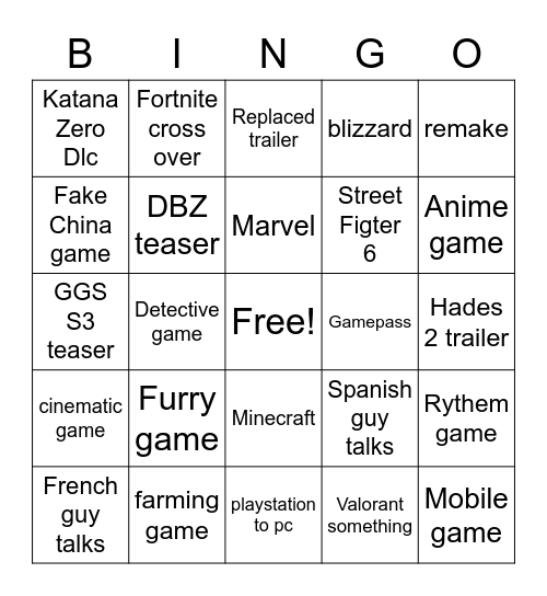 Game Fest Bingo Card