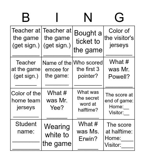 Whiteout Game 2016 Bingo Card