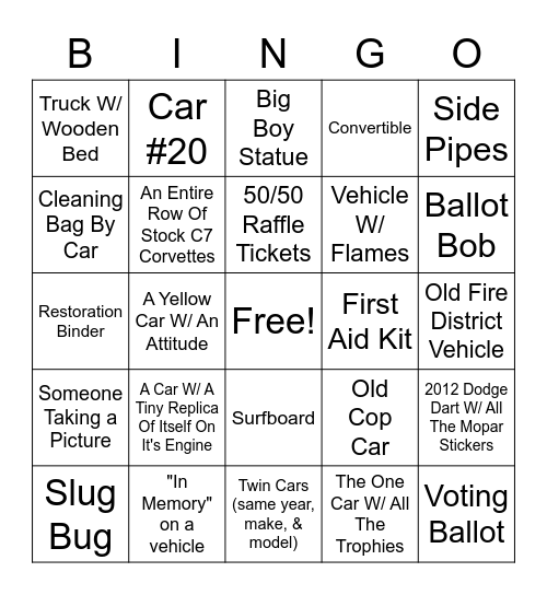 Reed Family Car Show Bingo Card