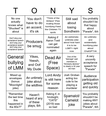Tony Awards 2023 Bingo Card