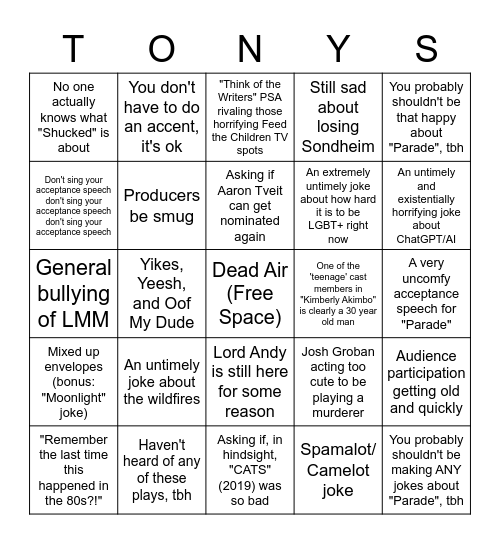 Tony Awards 2023 Bingo Card