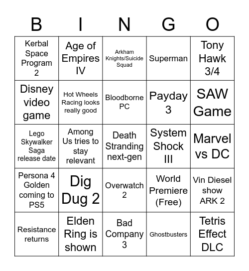 Summer Games Fest Bingo Card