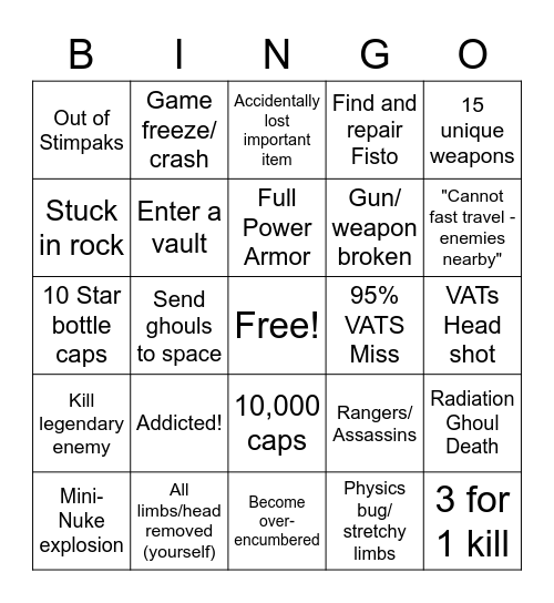 Fallout: New Vegas Bingo Card