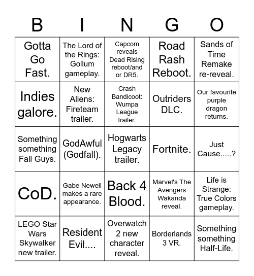 Summer Games Fest Bingo Card