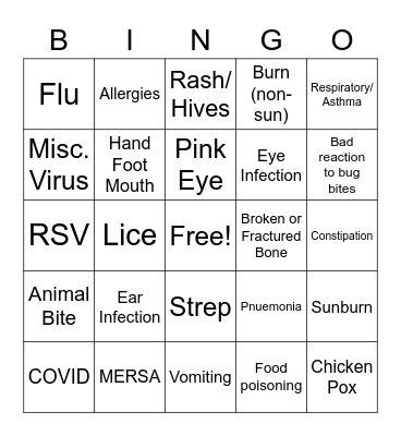 Wizard Kid Illnesses Bingo Card