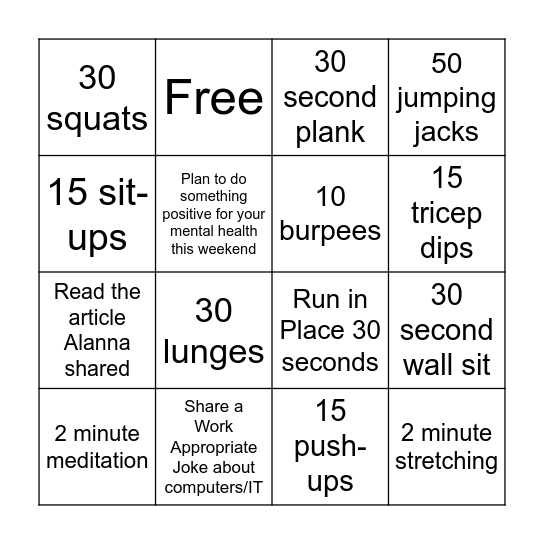 Frinally Friday Bingo Card