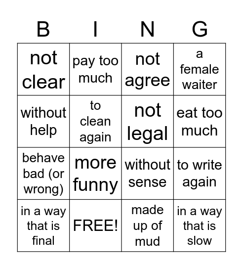 Prefixes and Suffixes Bingo Card