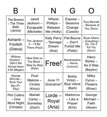 Collins Family Music Bingo Card