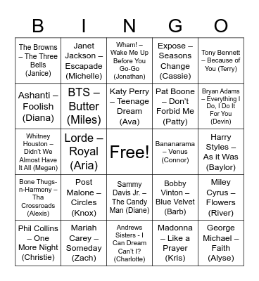 Collins Family Music BINGO Card