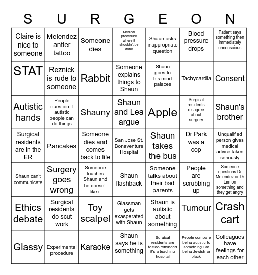 I am a surgeon Bingo Card