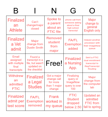 Summer Processing Bingo Card