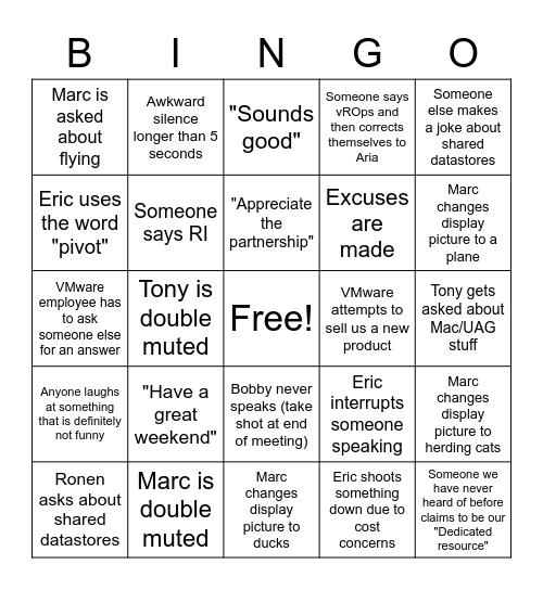 VMware Bingo Drinking Game Bingo Card