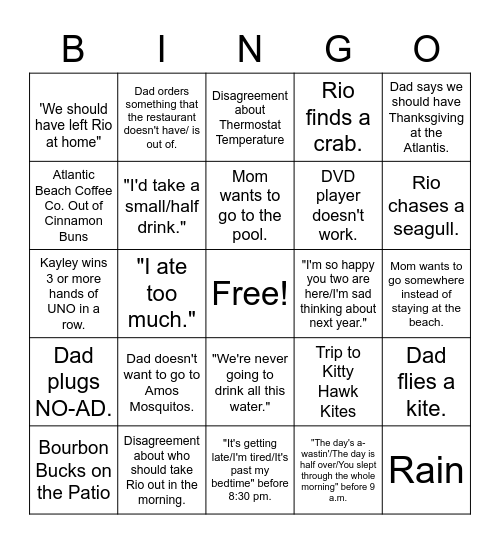 Beach Trip Bingo Card