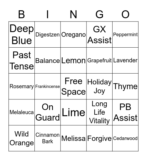Essential Oil Bingo Card