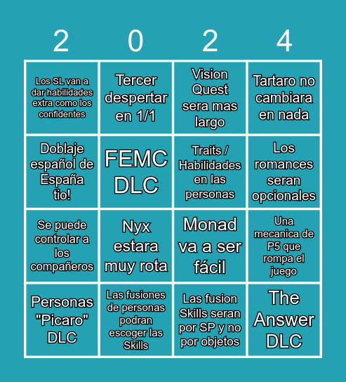 Persona 3 Reload Bingo Card