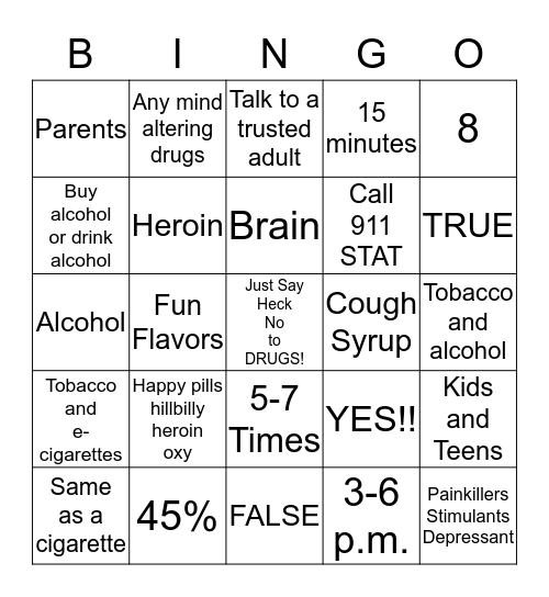 National Drugs and Alcohol Facts Week Bingo Card