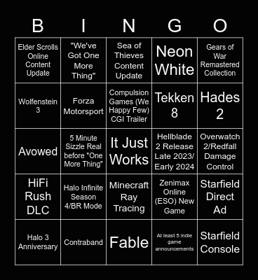 Xbox Showcase Realistic Bingo Card