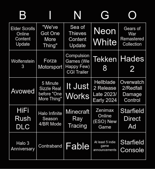 Xbox Showcase Realistic Bingo Card