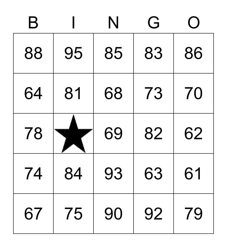 NUMBERS 60-100 Bingo Card