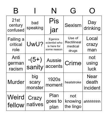 Aussie Call of Cathullu Bingo Card