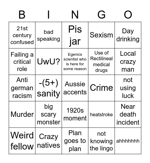 Aussie Call of Cathullu Bingo Card