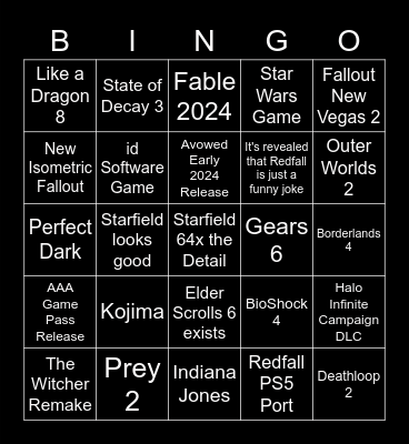 Xbox Showcase Dream Bingo Card