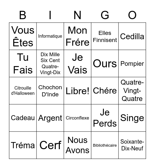 French Bingo Card