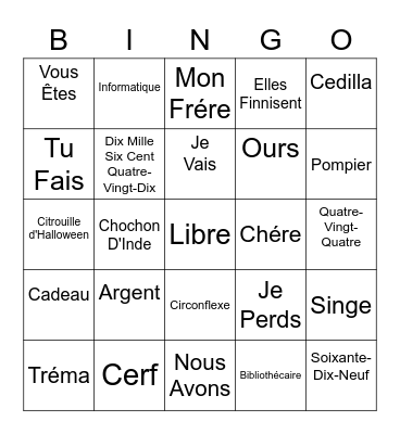 French Bingo Card