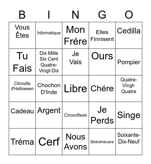 French Bingo Card