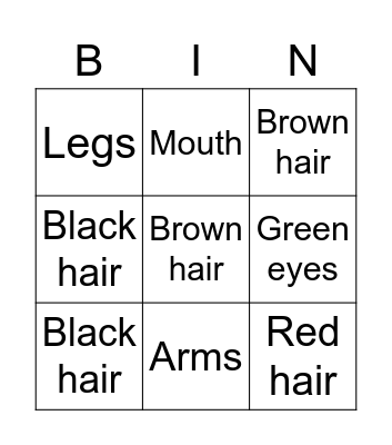 English Bingo Card