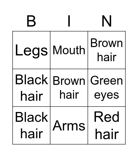 English Bingo Card