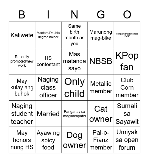 LHS Batch 2013 Reunion Bingo Card