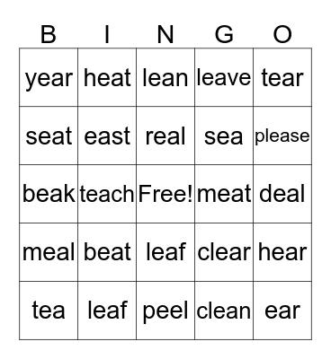 double vowel words Bingo Card