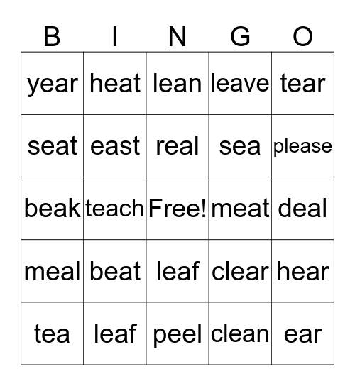 double vowel words Bingo Card