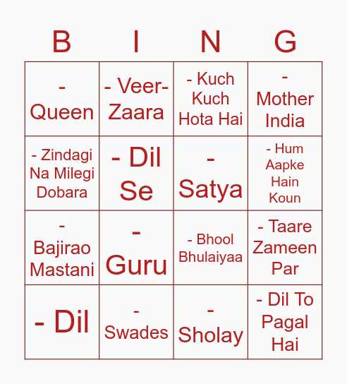 Sanjay’s bingo Card
