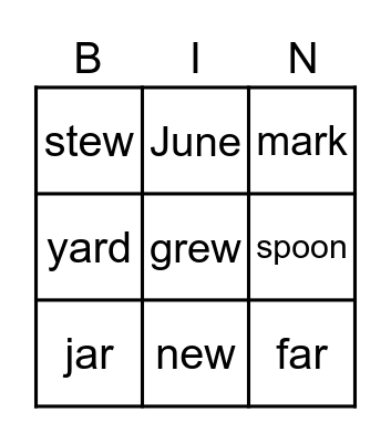 -oo Words Bingo Card