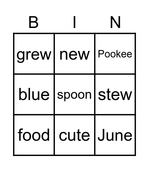 -oo Words Bingo Card